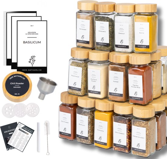 DIFULI Glazen Kruidenpotten Set 24 Stuks - 120ml Met Bamboe Deksel En Labels