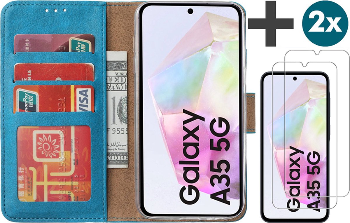 Hoesje met 2 Stuks Screenprotectors Geschikt voor Samsung Galaxy A35 – Arara bookcase met pasjeshouder - Blauw