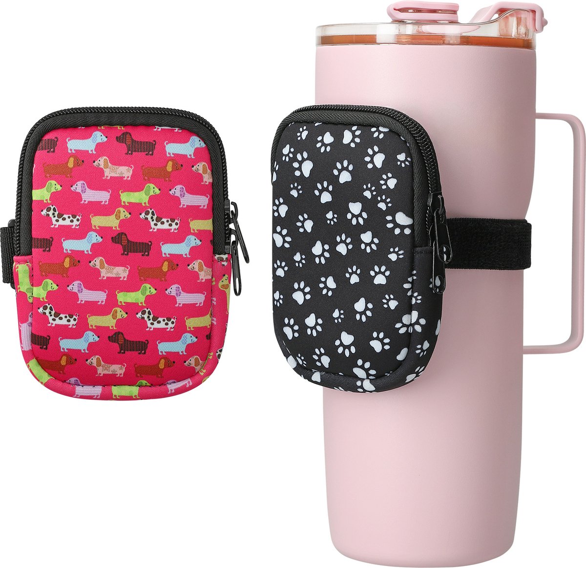 Kwmobile Drinkfles tas voor waterflessen 2 flessenhouders tassen Kleine tas met rits en elastiek Flessenhanger poederroze zwart wit