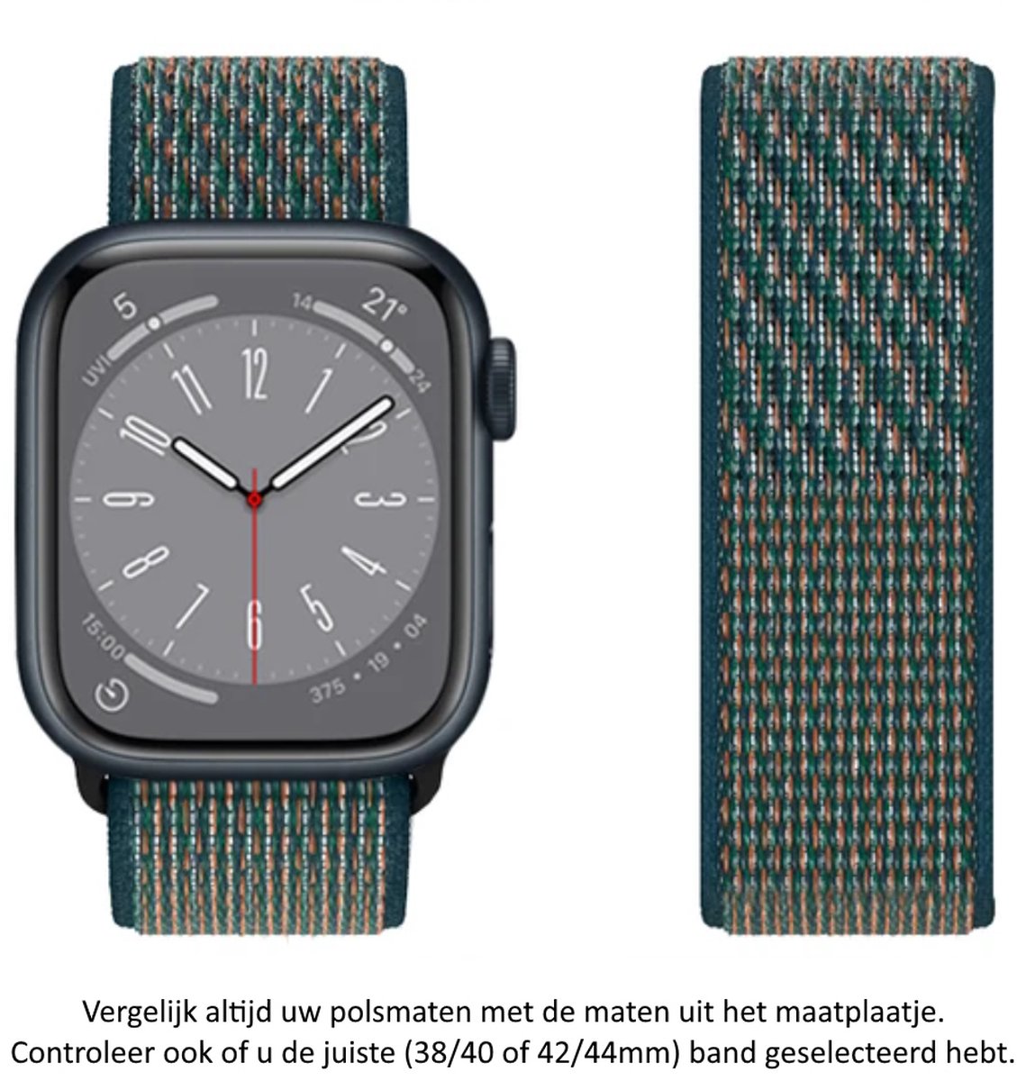 Donkergroen - blauw met oranje weave nylon sport horlogeband geschikt voor Apple Watch 1, 2, 3, 4, 5, 6, 7, 8, SE, 42mm, 44mm 45mm "Mannenbreedte" Series Zacht Geweven Nylon 42 mm, 44 mm en 45 mm - Maat: zie foto