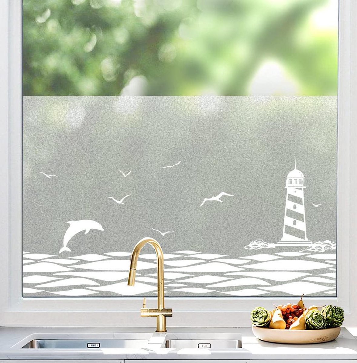 Raamfolie voor privacy en decoratie - mat vinylfolie met oceaanpatroon - verwijderbaar en