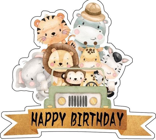Taarttopper met dieren uit de jungle in een jeep, met een 'Happy Birthday' banner.