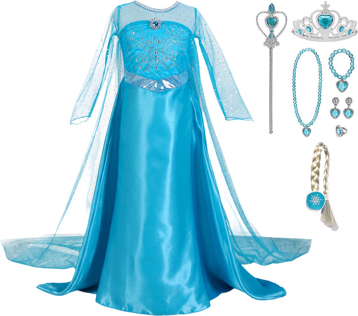 Prinsessenjurk meisje - Elsa jurk verkleedkleren meisje - maat 98/104 - inclusief prinsessen accessoireset met Elsa vlecht