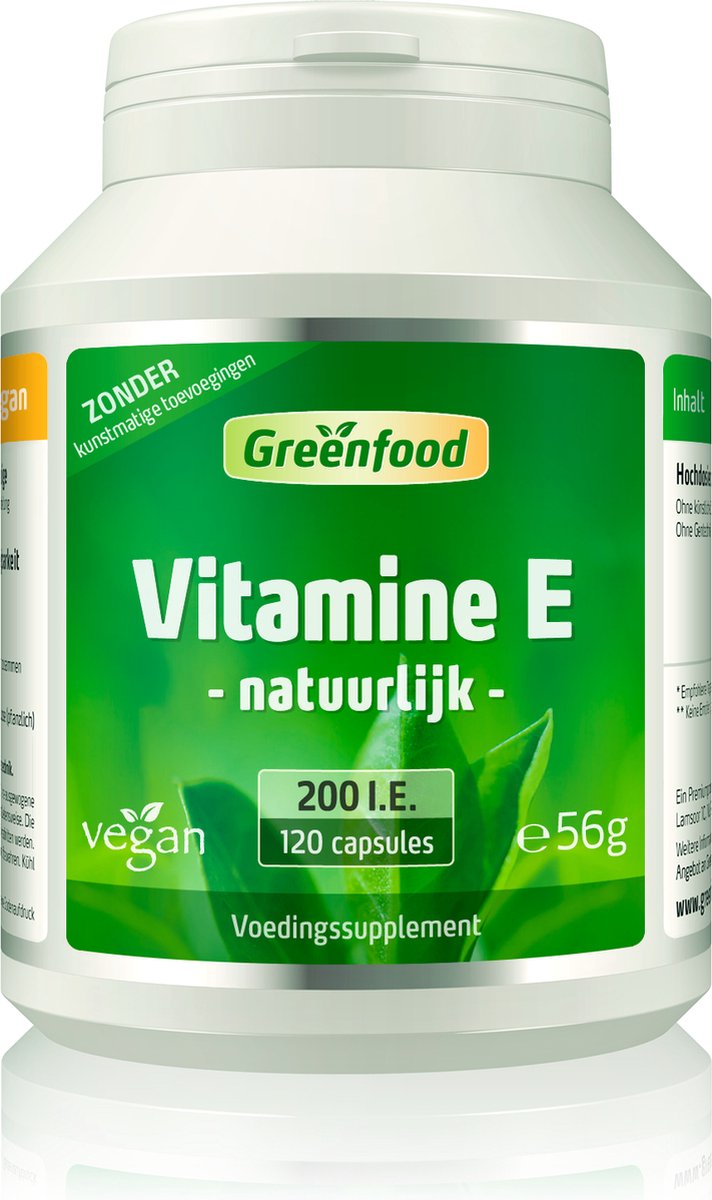 Goedkoopste Greenfood Vitamine E, 200 IE, capsules. Zonder kunstmatige toevoegingen. Zonder genetische manipulatie. Vegi capsules, veganistisch.