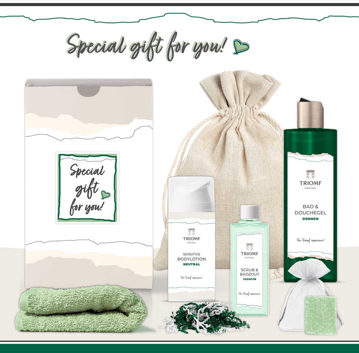Goedkoopste Geschenkset “Special Gift for You!” - 6 producten - 650 gram | Triomf Original - Giftset Dennen voor haar - Cadeau Speciaal voor jou Luxe wellness cadeaubox - Cadeaupakket Vrouw - Geschenk Gift Set - Verjaardag Valentijn Moederdag Kerst Pakket Groen