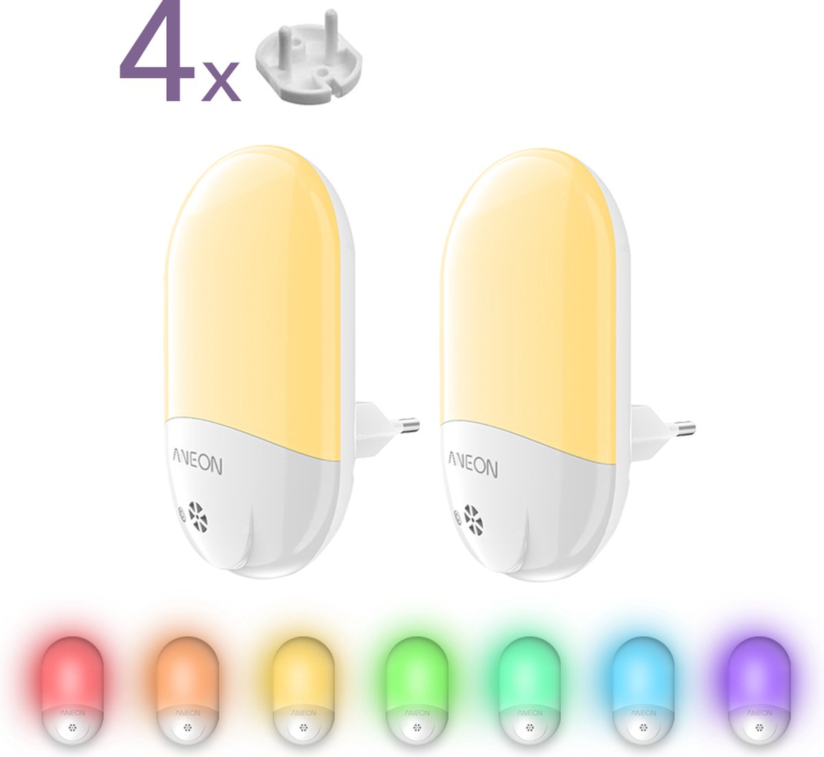 Aneon Nachtlampje Stopcontact 2 Stuks Nachtlampje Kinderen Baby met 7 Kleuren Nachtlampe met Automatische Lichtsensor