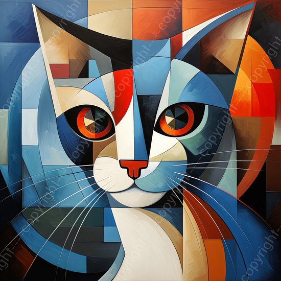 K&C Art (Canvas schilderij) 60x60cm | Kat in Picasso stijl - kubisme - abstract - kleurrijk - blauw - oranje - modern - kunst | Woonkamer - slaapkamer - hal - kantoor | Foto schilderij print op canvas - wanddecoratie - muurdecoratie - wall art