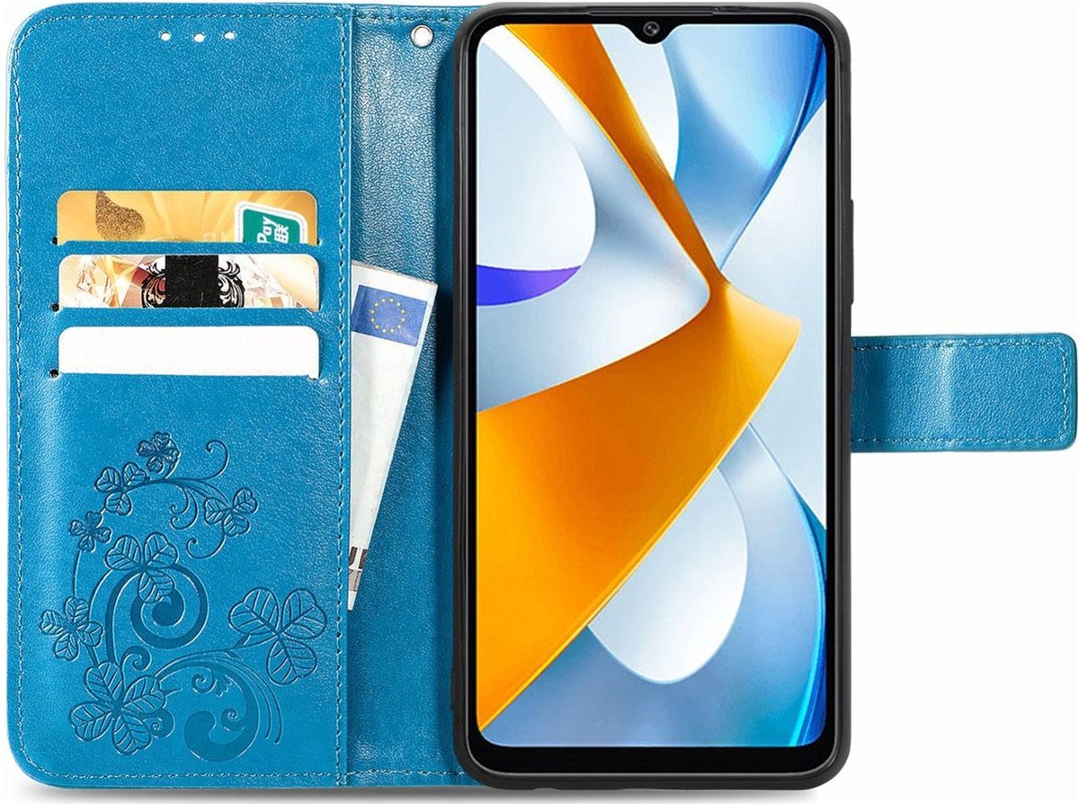 Mobigear Telefoonhoesje geschikt voor POCO C40 Hoesje | Mobigear Clover Bookcase Portemonnee | Pasjeshouder voor 3 Pasjes | Telefoonhoesje voor Pinpas / OV Kaart / Rijbewijs - Blauw