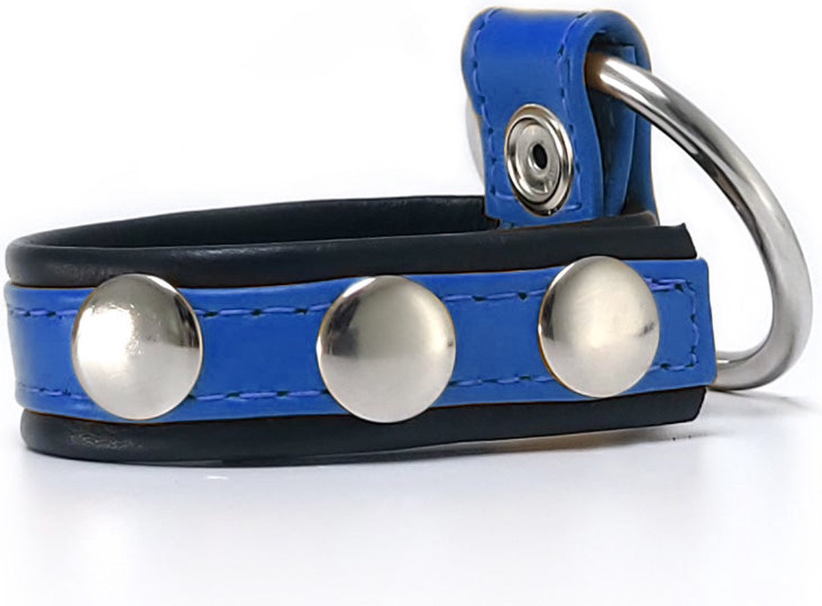 Goedkoopste Black Label - Leren Cockstrap met Metalen Penisring - Zwart/Blauw