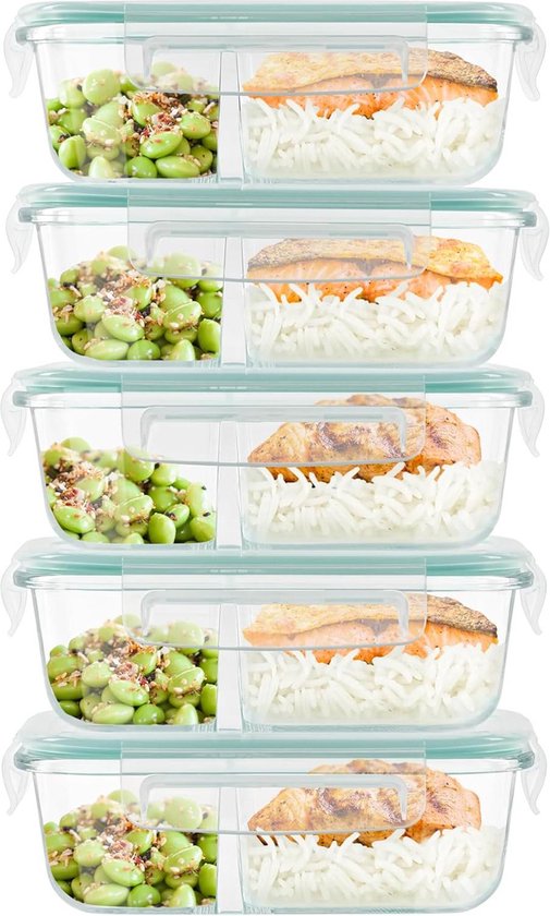 Foto: Glazen maaltijd prep containers 2 compartimenten deksels voedselgraad bpa vrij lekbestendig luchtdicht magnetron vriezer vaatwasserbestendig 5 pak meal prep bakjes