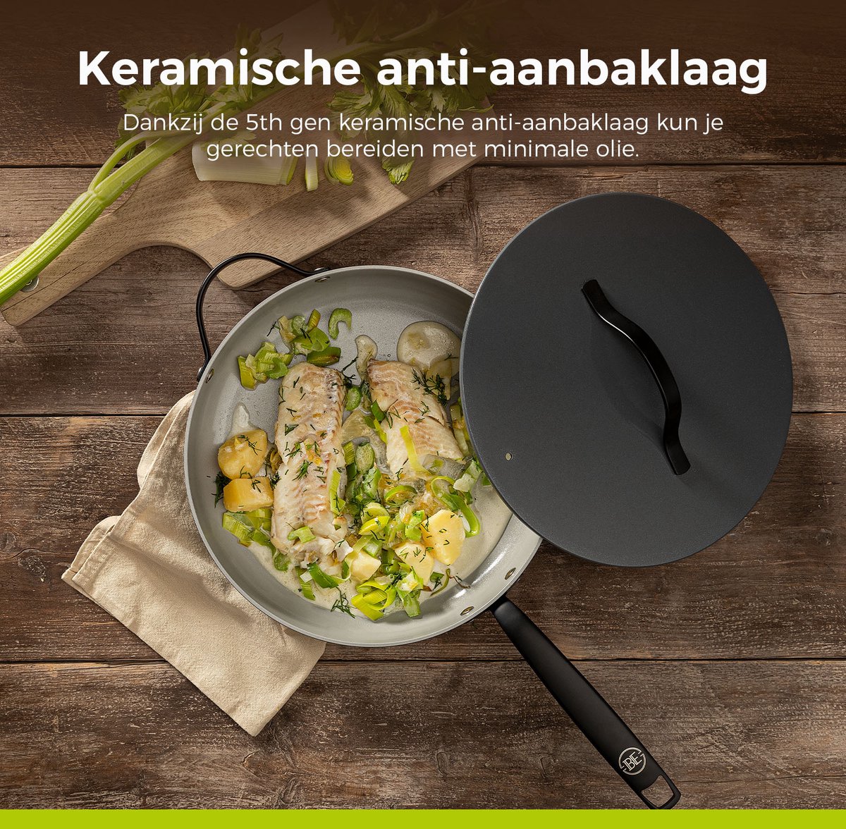 BE Living Essential Wokpan met Deksel - 30 cm - Ke