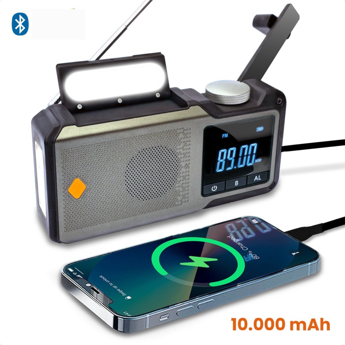 Goliving Noodradio - 17 x 9 x 4 cm - Draagbare Radio - Powerbank Zonneenergie Solar Opwindbaar - Zaklamp Oplaadbaar - Digitale Wekker - DAB en Bluetooth - 10000 mAH - 80 dB - Zwart