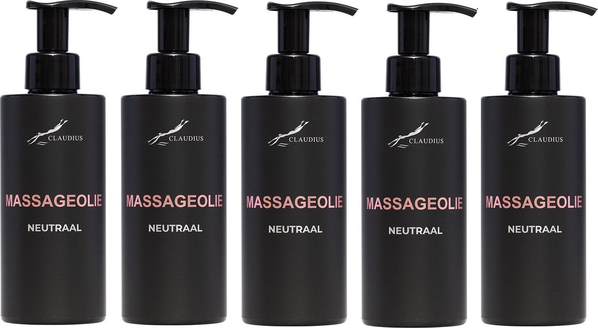 Goedkoopste Massageolie Neutraal 300 ml - met pomp - zwarte fles - 100 natuurlijk - biologisch en koud geperst - set van 5 stuks - Voordeelverpakking