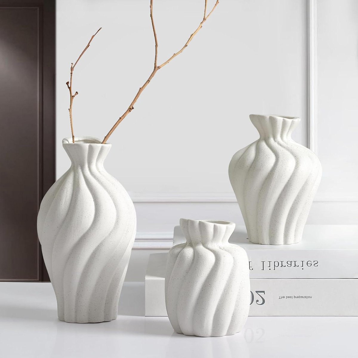 Veelzijdige keramische bloemenvazen set van 3 - Wit - Moderne vazen voor kamer badkamer sa
