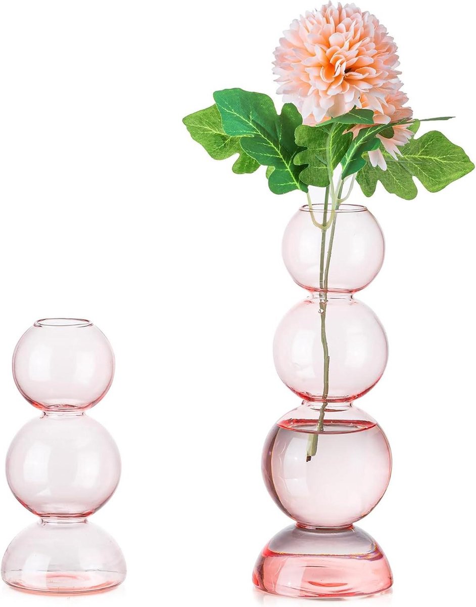 Unieke Roze Glazen Bolvazen - Set Van 2 - Voor Bloemen - Minimalistische Bloemenvazen - Wo