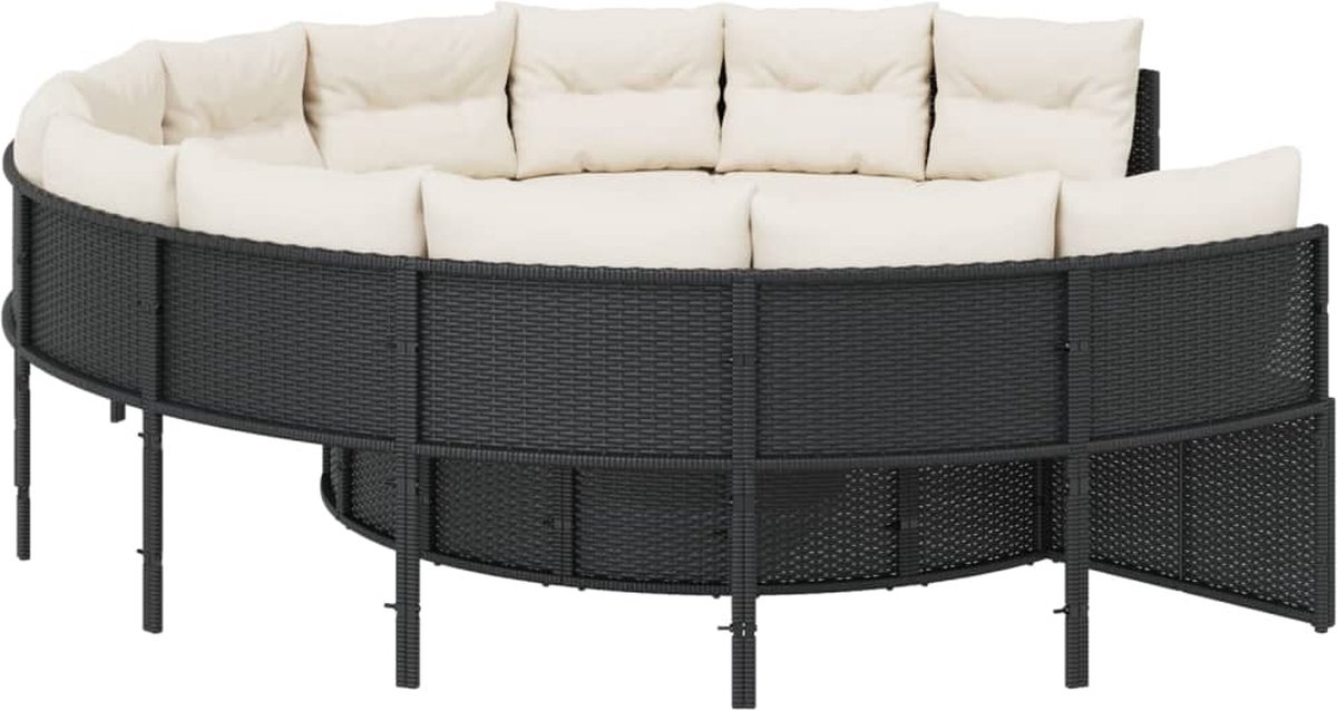 vidaXL - Tuinbank - met - tafel - en - kussens - rond - poly - rattan - zwart