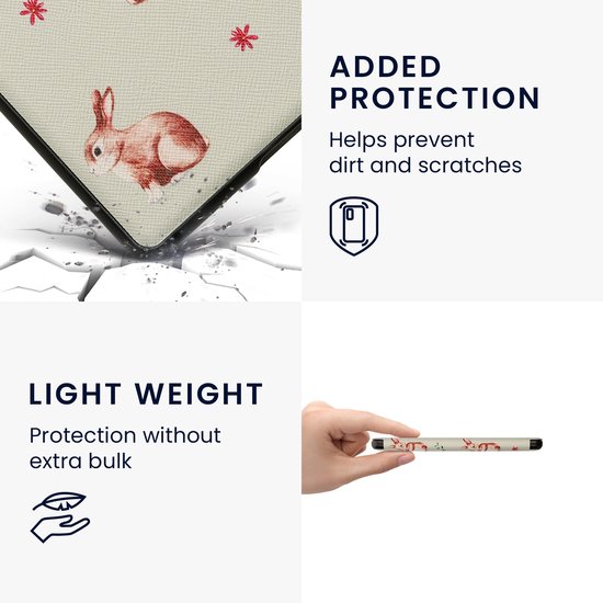 kwmobile e-reader hoesje geschikt voor Amazon Kindle Paperwhite 11. Generation 2021 hoes - E reader flip case met magnetische sluiting - Ereader cover - Konijntjes en Bloemen design in wit / bruin / grijsgroen van kwmobile — afbeelding 2