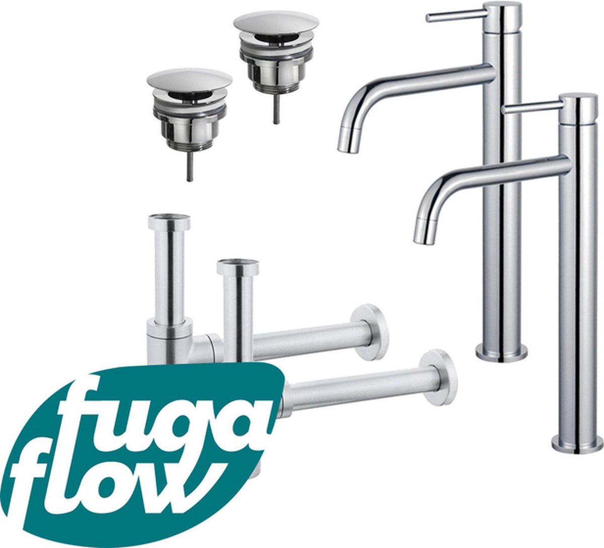 FugaFlow Eccelente Sobrado Badkamer Slim Wastafelkraanset voor dubbele wastafel verhoogde wastafelkraan always open plug design sifon Chroom