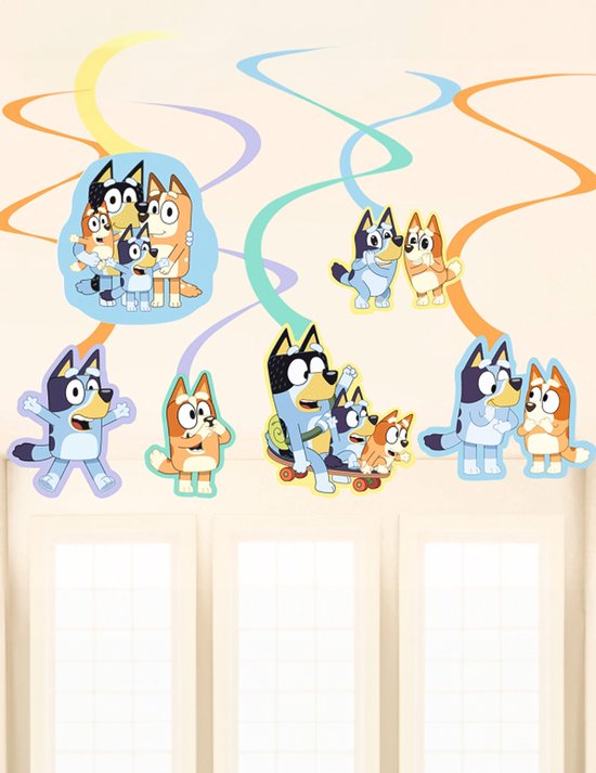 Vrolijke Bluey en familie slingers in pastelkleuren, 6 stuks.