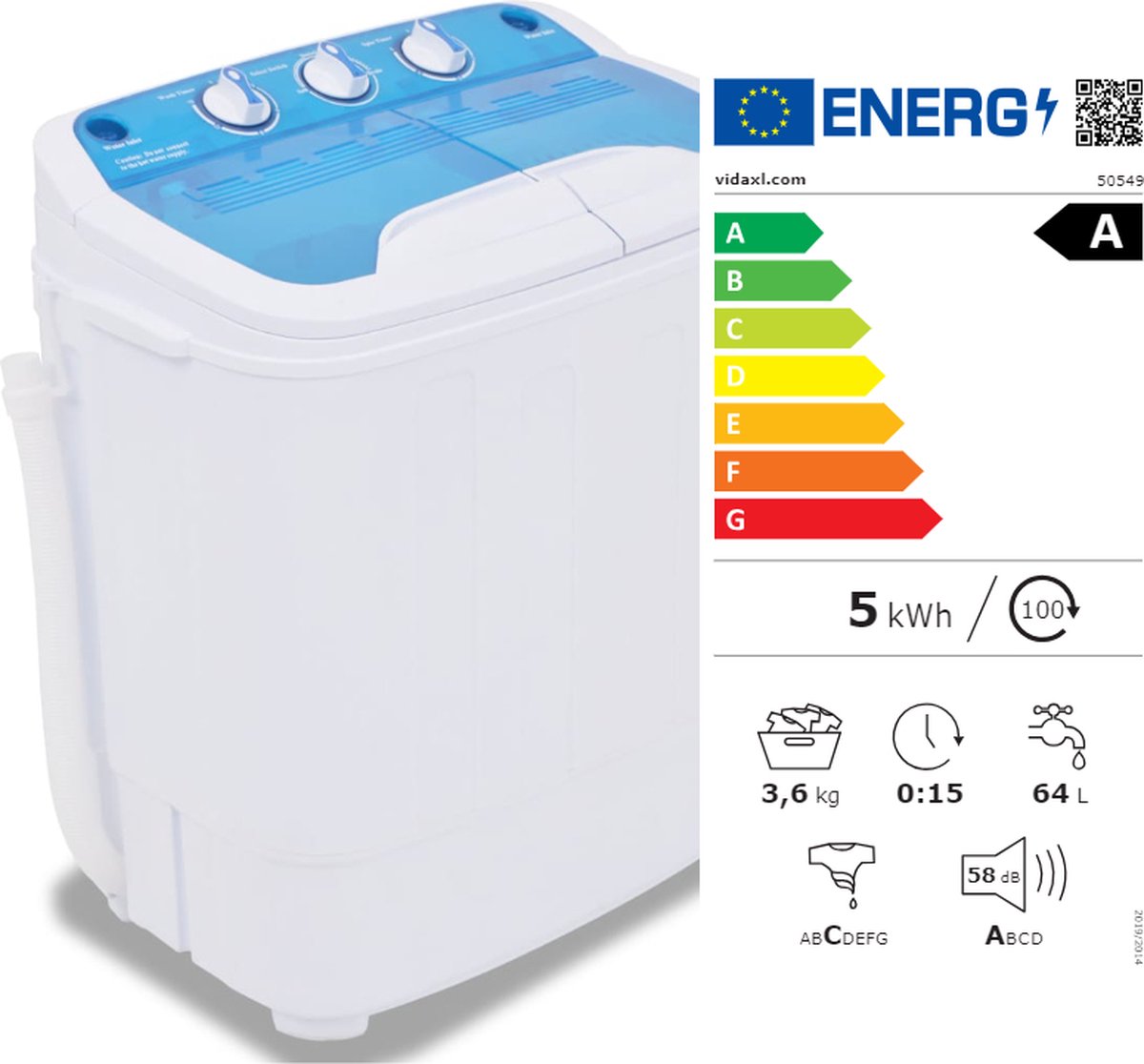 Mini wasmachine met dubbele trommel 5,6 kg