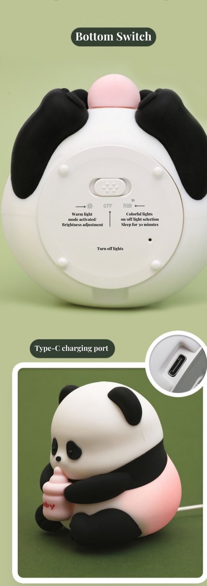 Panda Nachtlampje met Verstelbare LED Verlichting - Touchscreen Bediening - Zwart/Wit - Schattige en Draagbare Nachtlamp met Lange Werktijd - Veilig Siliconen Design - Perfect als Cadeau voor Kinderen en Feestdagen van Aimyoo — afbeelding 3