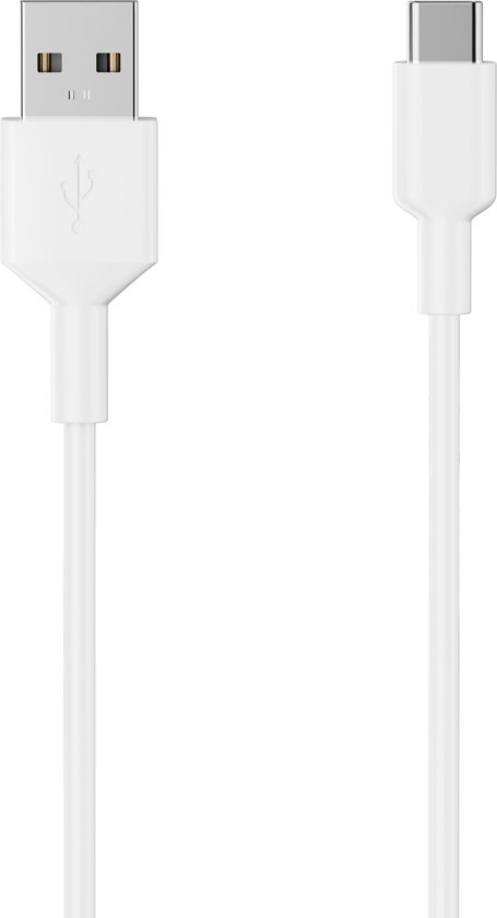 Een witte USB-A naar USB-C kabel, met de connectoren aan weerszijden.