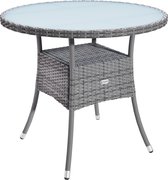 Ronde grijze polyrattan bijzettafel met glazen blad en opbergvak.