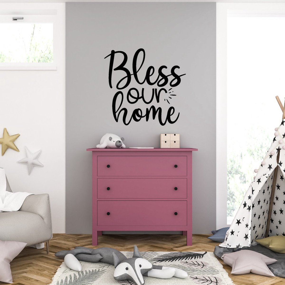 MC Living Muursticker - Bless Our Home - 46,4 x 48,8 - Zwart