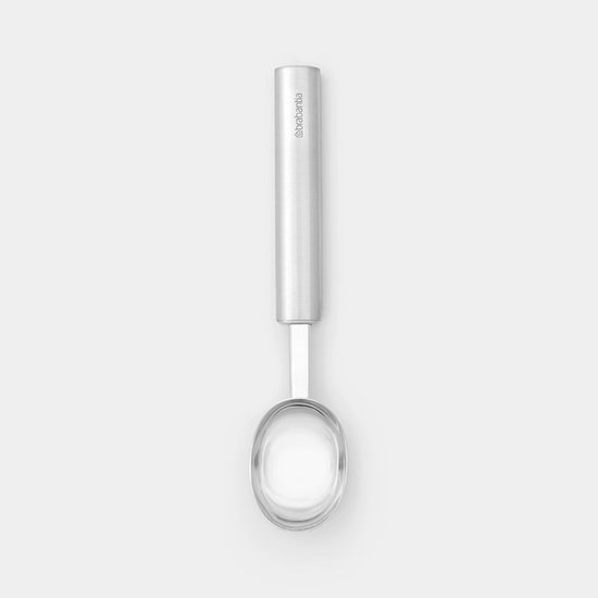 Brabantia ijsschep met een zilverkleurige, gladde handgreep en een ovale metalen schep.