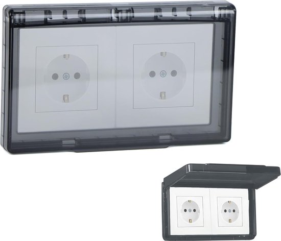 Dubbel stopcontact met waterdichte afdekking, gesloten en open.