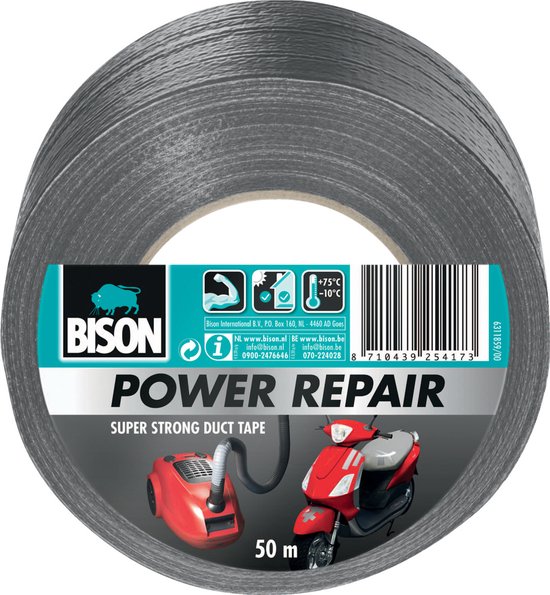 Bison Power Repair grijs rol 50 meter x 48mm, super sterk, reparatietape, duct tape, versterken, afdichten, verbinden, beschermen, geschikt voor binnen en buiten