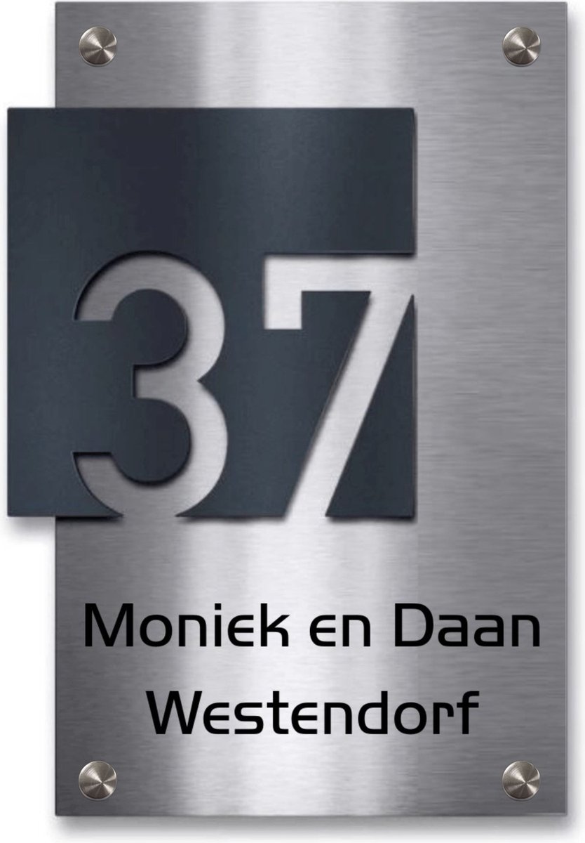 RVS naambordje voordeur met opliggend huisnummer 17x25cm RVSL200