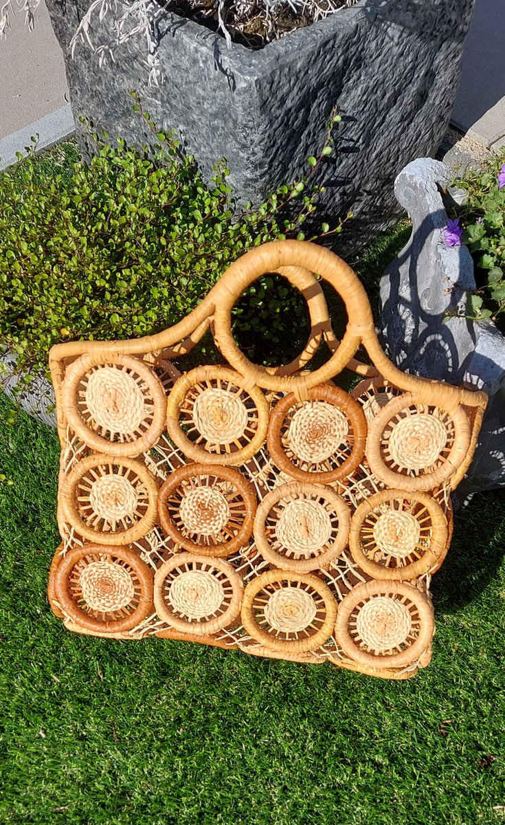Rietentas Naturel, Oranje en Roest kleurige rondjes Maat M