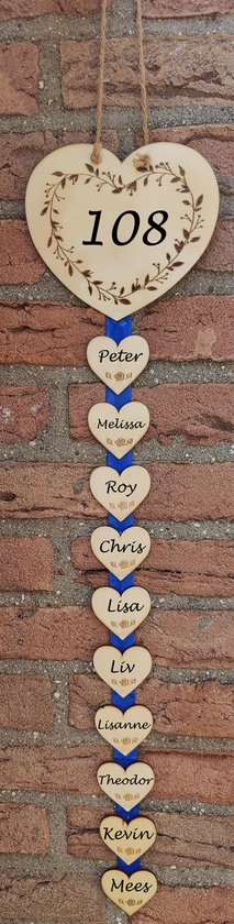 Échelle de texte en bois en forme de cœur personnalisée avec votre eigen texte - Ruban Blauw - Panneau suspendu - Numéro de maison - Panneau nominatif - naam propre - 10 panneaux