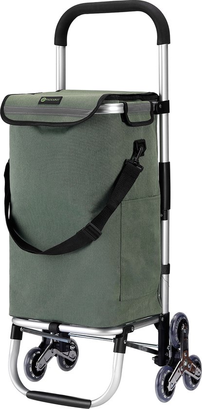 Groene Packaway boodschappentrolley met 6 wielen, op een witte achtergrond.