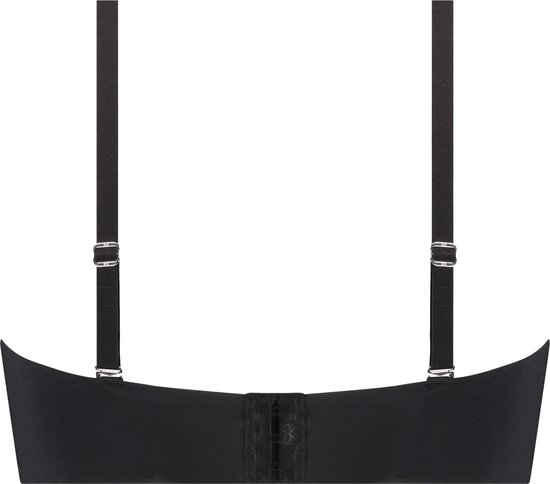 Zwarte strapless beugel-bh met verstelbare bandjes en sluiting.