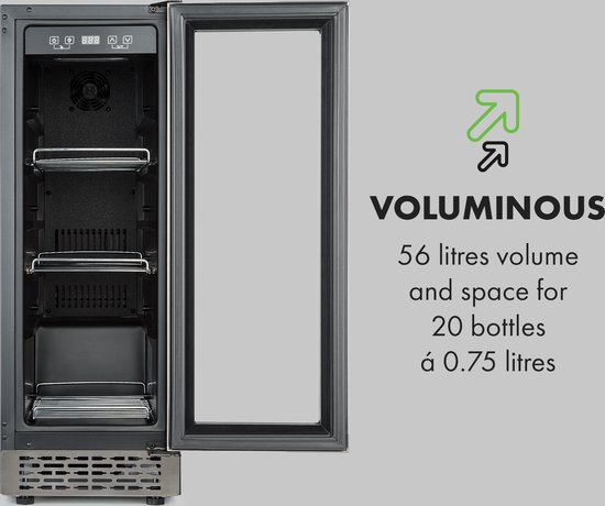 Klarstein Beerlager 56 drankkoelkast, 56 liter, 63 flessen, inbouw, 82 cm hoog, glazen deur met roestvrijstalen frame, 3 schappen, temperatuur: 0 - 10 °C, touchscreen bedieningspaneel, zwart - LED - RVS - Mini Fridge - Compact Koelkast van Klarstein — afbeelding 4