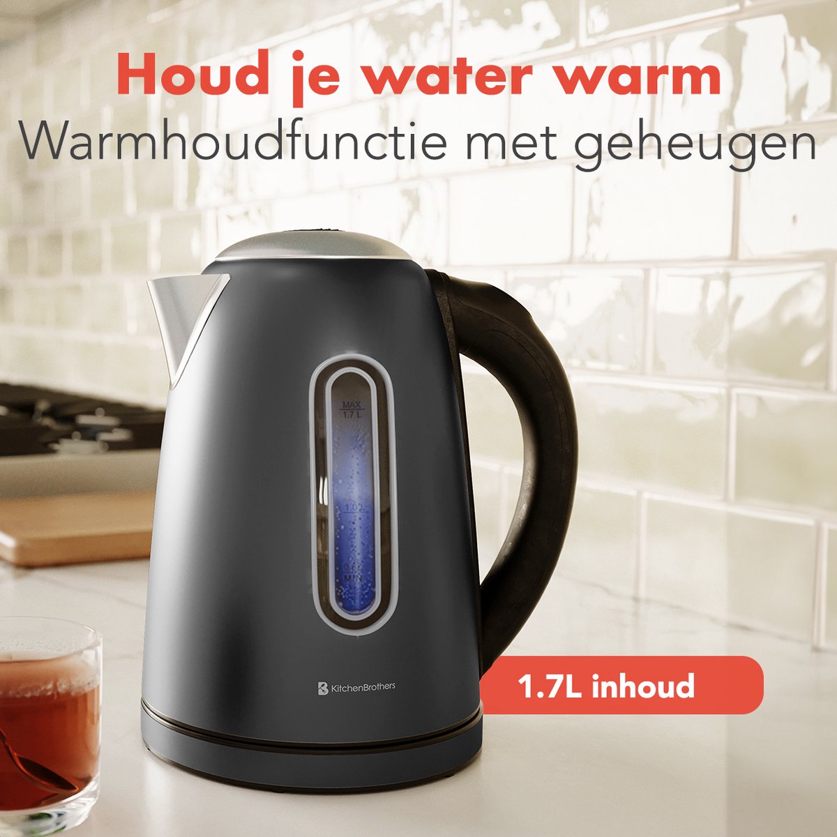 KitchenBrothers Waterkoker - Met Temperatuurregeling - Elektrisch - PFAS- & BPA-vrij - Met Kalkfilter - 1,7L - Zwart/RVS — afbeelding 6