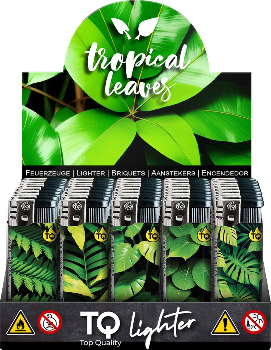 Goedkoopste Elektronische aansteker hervulbaar - Design Tropical Leaves - Display 50 stuks - wegwerpaansteker - electronic lighter - klik aanstekers