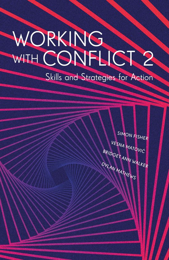 Boek "Working with Conflict 2: Skills and Strategies for Action" met abstract patroon van paarse en rode lijnen.