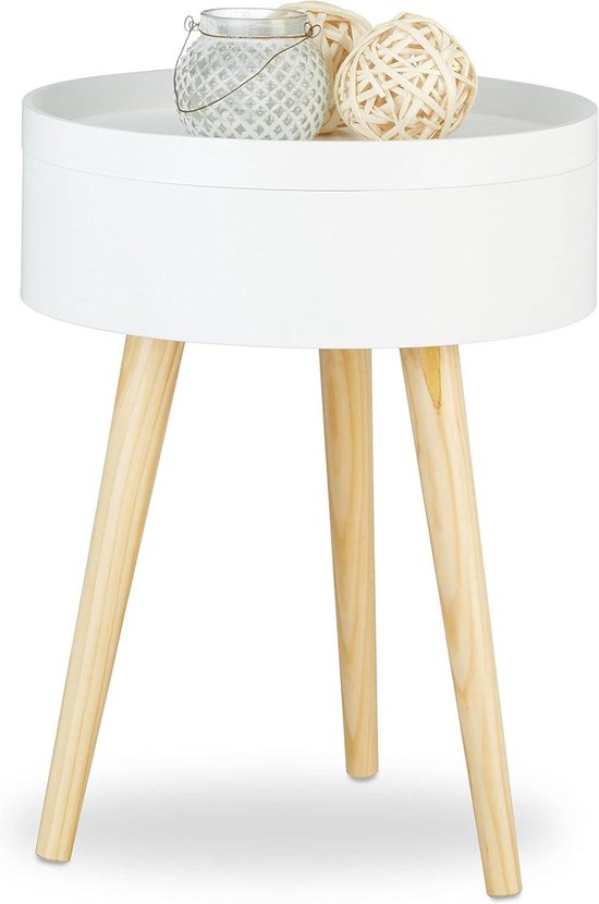 Relaxdays bijzettafel, rond nachtkastje met vak, houten poten, simpel design, HxBxD: 47.50 x 46 x 40 cm, wit