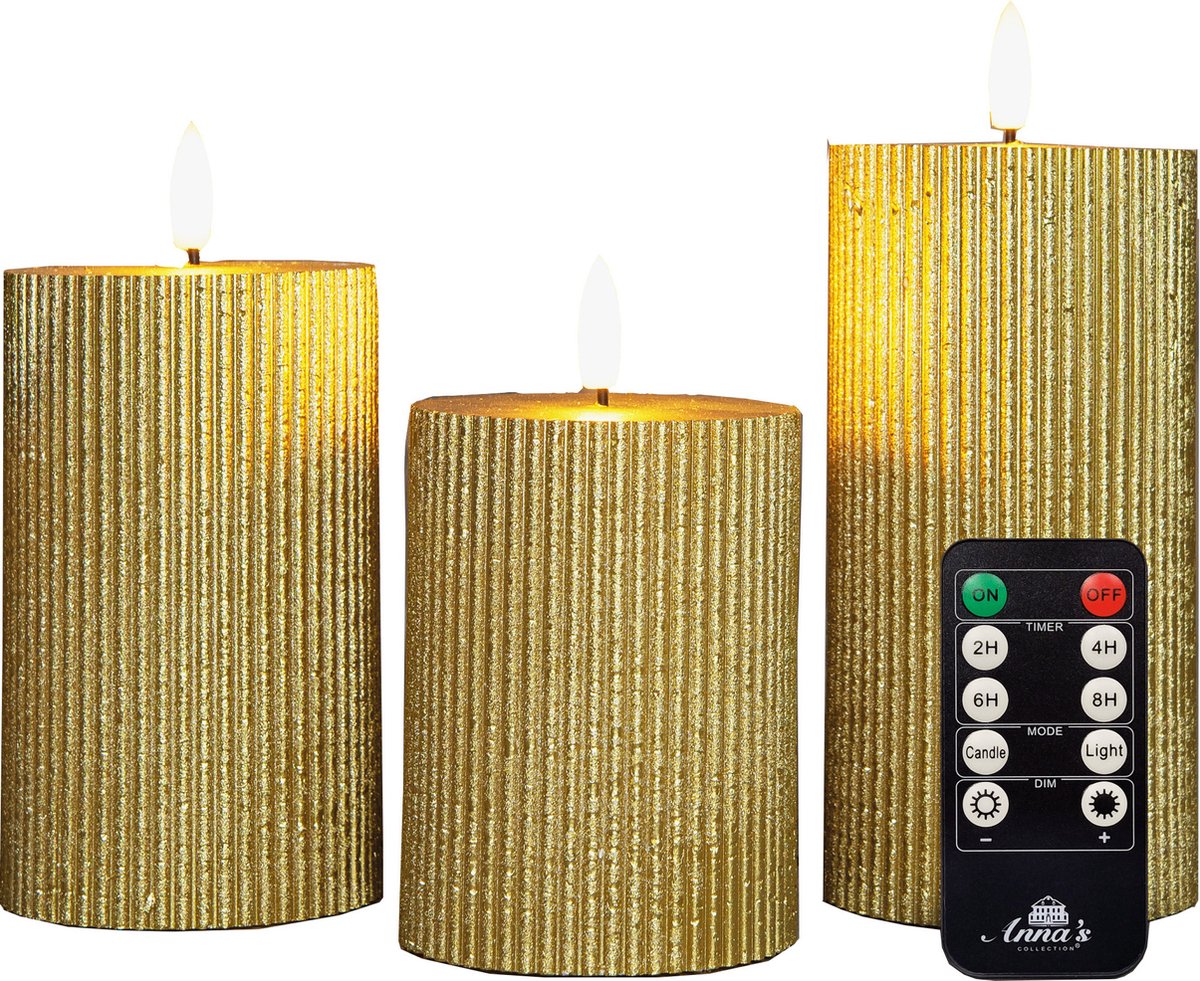 Anna's Collection Anna Collection LED stompkaarsen - 3x - goud - ribbel