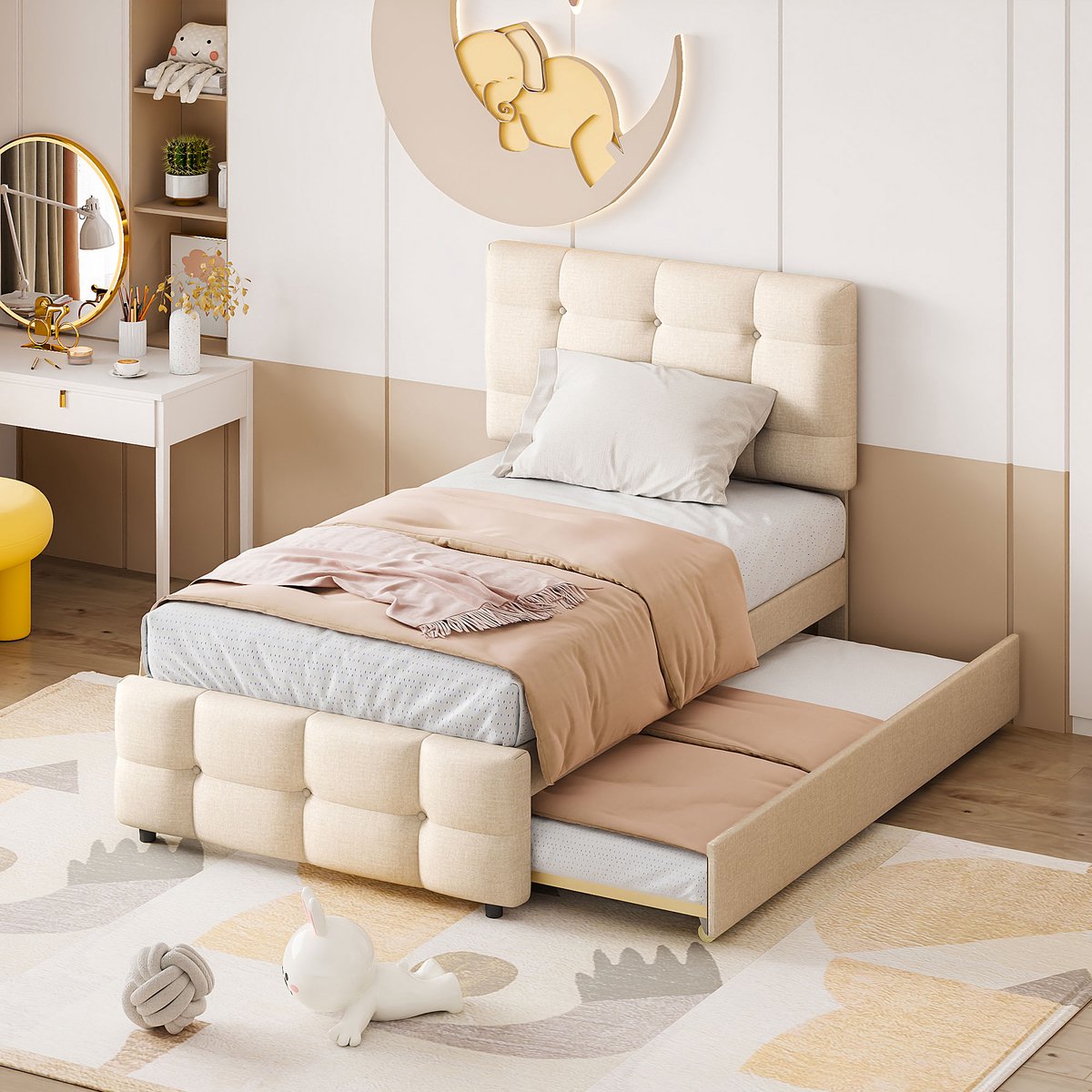 Sweiko Kinderbed Zacht Kussenbed 90 x 200 cm, Uitschuifbaar Babybed, Verstelbaar hoofdeinde, huidvriendelijk linnen interieur, plat eenpersoonsbed, kinderbed, jeugdbed, gastenbed, Beige (Zonder matras)