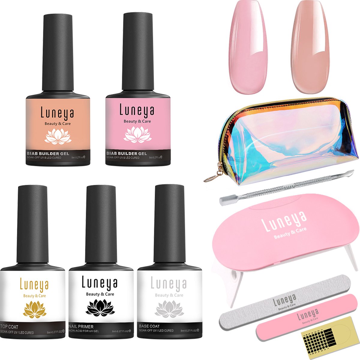 Goedkoopste Luneya BIAB Starter Pakket – Builder in a Bottle – BIAB Nagellak - Inclusief UV/LED Lamp, Bokkepoot, Nagelvijl, Primer, Base en Top Coat - HEMA & TPO Free