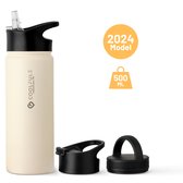 Bol.com CoolFule® - Waterfles RVS 500ML - Créme-Wit - BPA-vrij - Dubbelwandige Drinkfles met Rietje - Thermofles - Inclusief 3 D... aanbieding