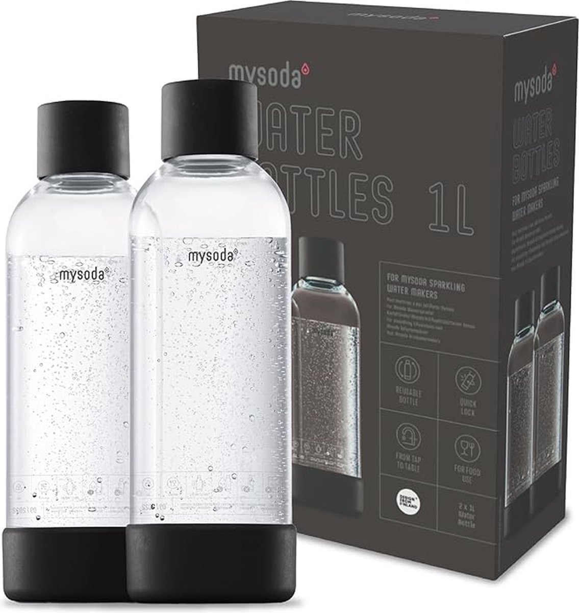 Mysoda - Set van 2 herbruikbare flessen van 1 liter - zwart- Geschikt voor Mysoda apparaten