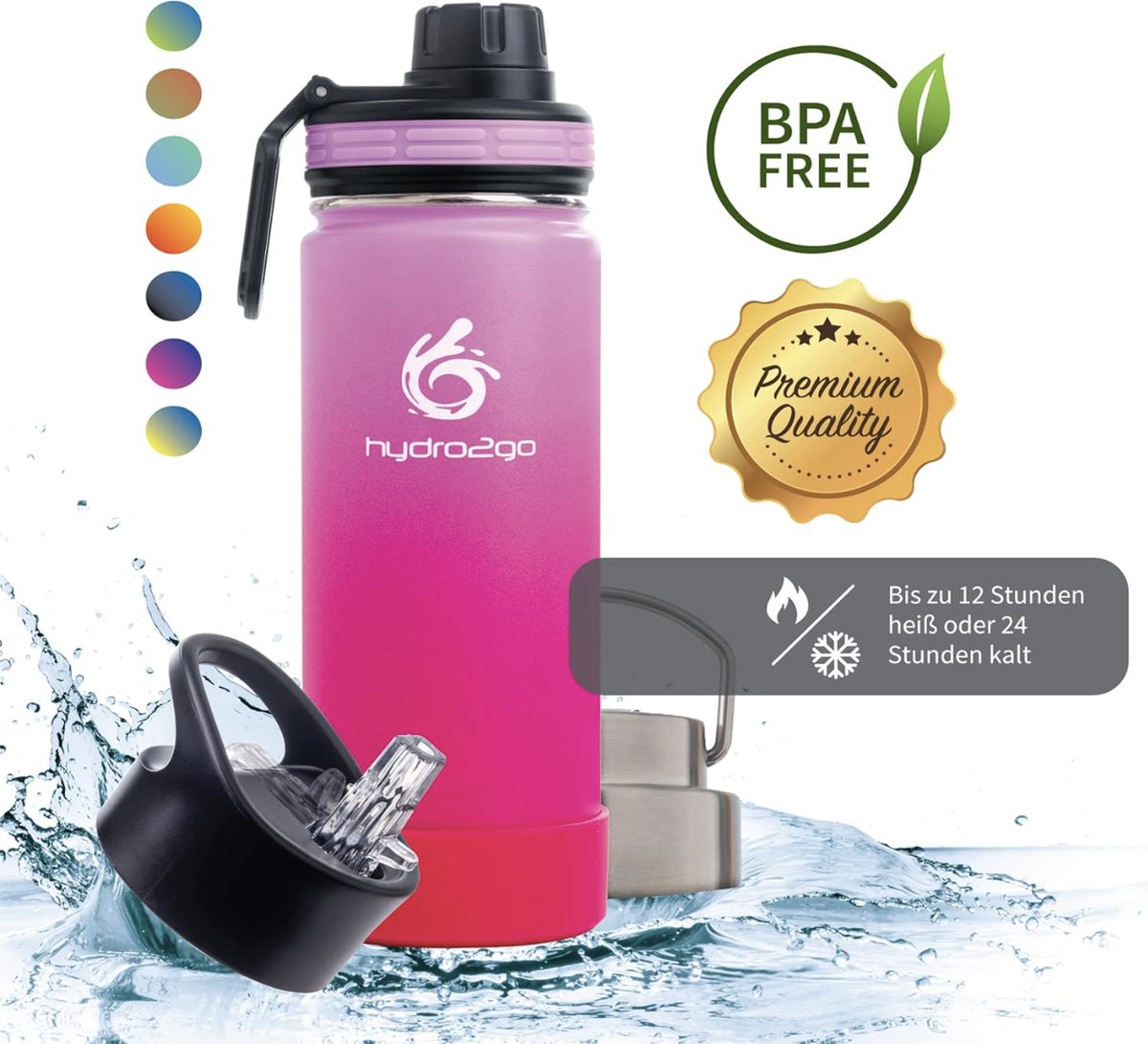 Vikaster Drinkfles van metaal, thermosfles, 0,5 l, BPA-vrij, thermosfles met rietje, voor school, sport, fiets, camping, fitness, outdoor