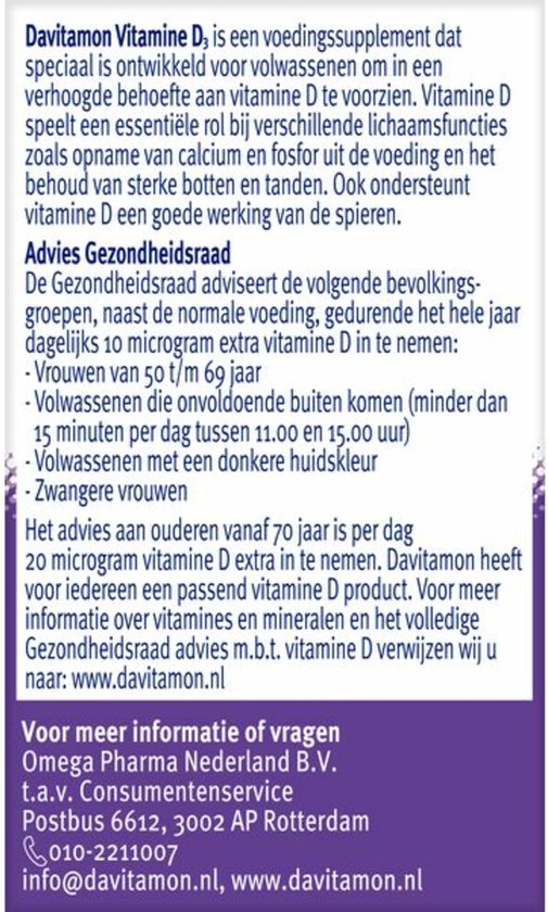 Voedingssupplement Davitamon Vitamine D3 voor volwassenen. Informatie over advies gezondheidsraad en contactgegevens.