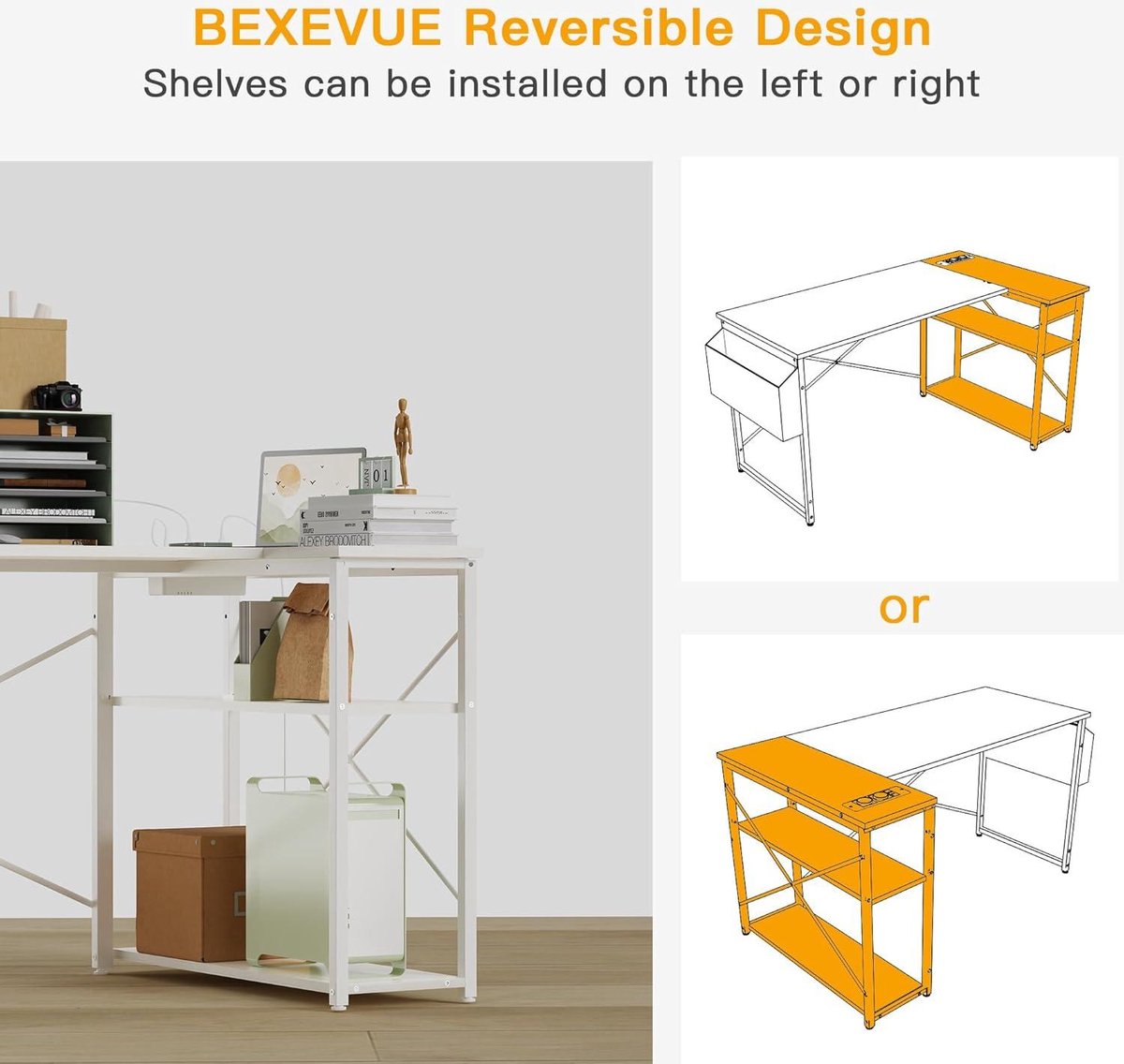BEXEVUE L-vormig bureau, 120 x 70 cm, omkeerbare hoekspeeltafel voor pc, studie, werk, thuis, slaapkamer, wit