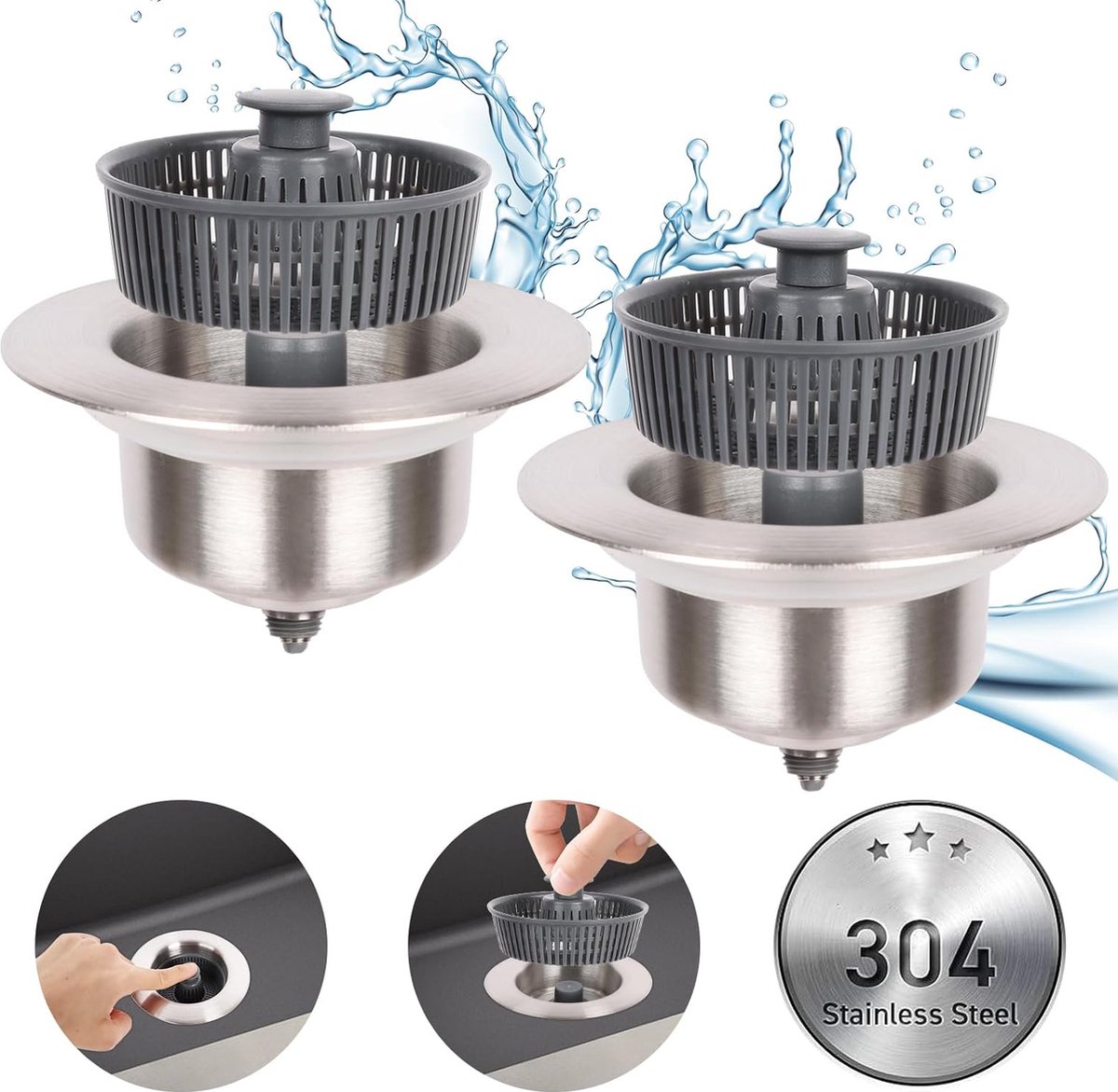 Goedkoopste Set van 2 pluggen voor spoelbakken, keukenspoelbakken, zeef voor spoelbakken, roestvrij staal, filteren van voedselresten, anti-verstopping, universele gootsteenzeef en geurpreventie